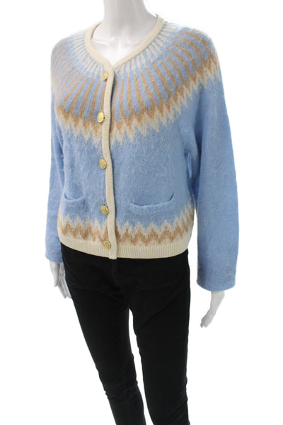 J Crew Womens Fair Isle Cardigan Blue Long Sleeve Round Neck Size M