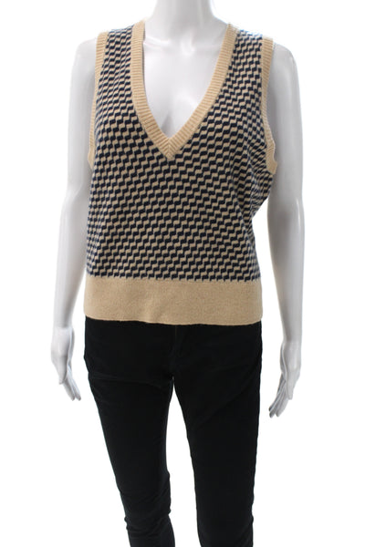 J Crew Womens 100% Cashmere Beige V Neck Geometric Vest Sleeveless Size M