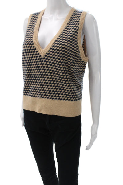 J Crew Womens 100% Cashmere Beige V Neck Geometric Vest Sleeveless Size M