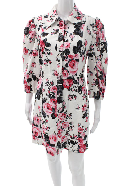 Brognano Women Collared Floral Cotton Mini Dress 3/4 Sleeve White Size 42