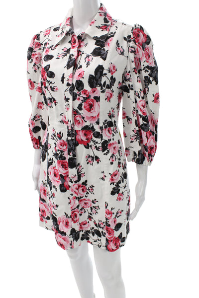 Brognano Women Collared Floral Cotton Mini Dress 3/4 Sleeve White Size 42