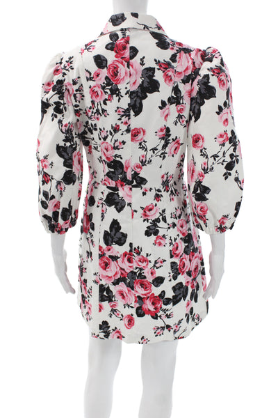 Brognano Women Collared Floral Cotton Mini Dress 3/4 Sleeve White Size 42