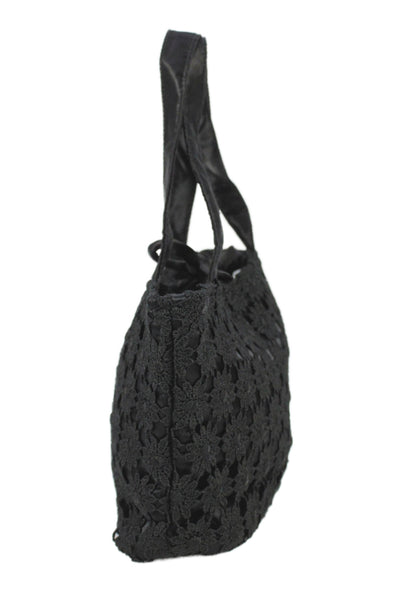 Grace Chuang Womens Floral Tie Closure Top Handle Handbag Black