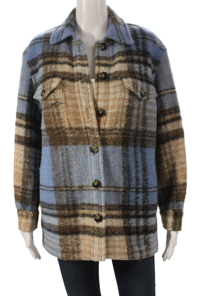 Wilfred Free Women Plaid Wool Button Long Sleeve Basic Jacket Blue Size XS