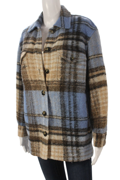 Wilfred Free Women Plaid Wool Button Long Sleeve Basic Jacket Blue Size XS
