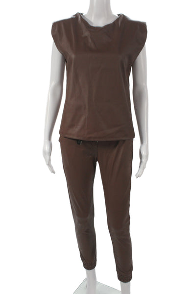 Venti 6 Women Sleeveless Brown Drawstring Outfit Set PU Size XS