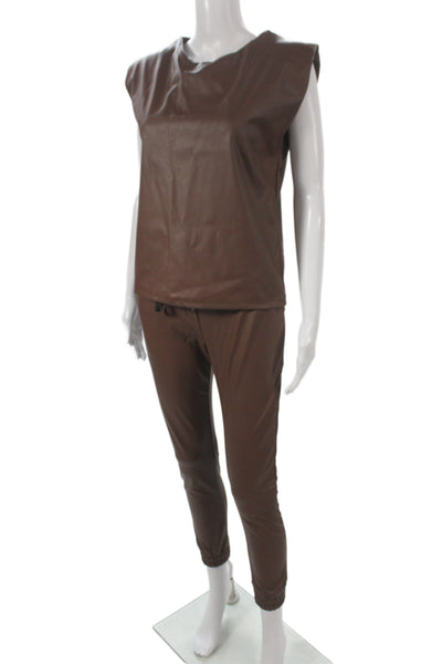 Venti 6 Women Sleeveless Brown Drawstring Outfit Set PU Size XS