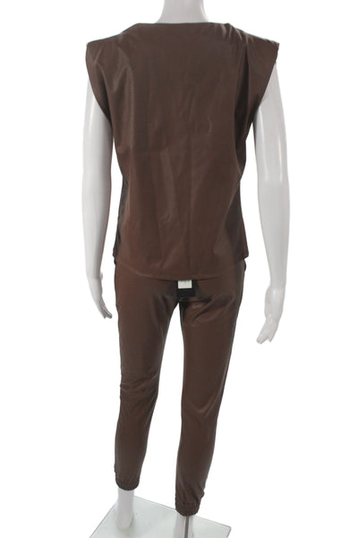 Venti 6 Women Sleeveless Brown Drawstring Outfit Set PU Size XS