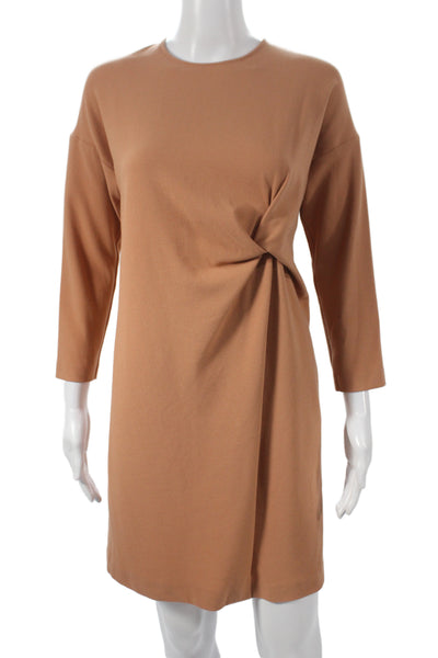 Alysi Women Brown Shift Dress 3/4 Sleeve Round Neck Minimalist Size M