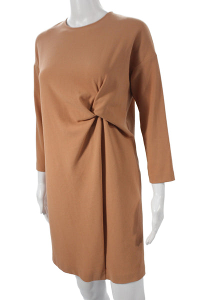 Alysi Women Brown Shift Dress 3/4 Sleeve Round Neck Minimalist Size M