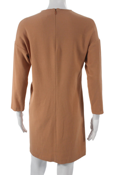Alysi Women Brown Shift Dress 3/4 Sleeve Round Neck Minimalist Size M