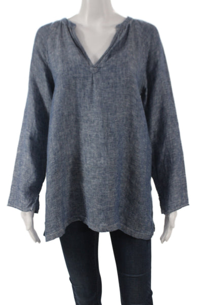 CP Shades Women Tunic Blouse V-Neck Long Sleeve Linen Blue Pullover Size XS
