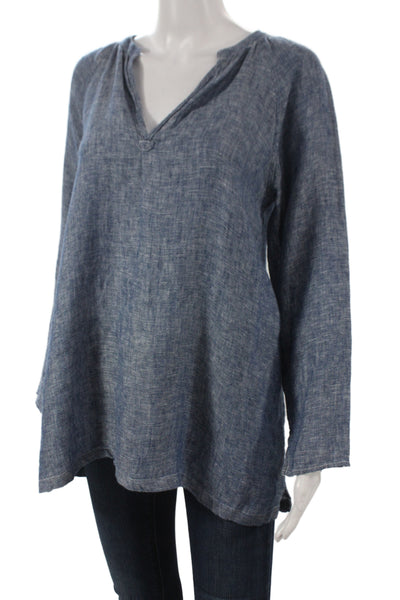 CP Shades Women Tunic Blouse V-Neck Long Sleeve Linen Blue Pullover Size XS