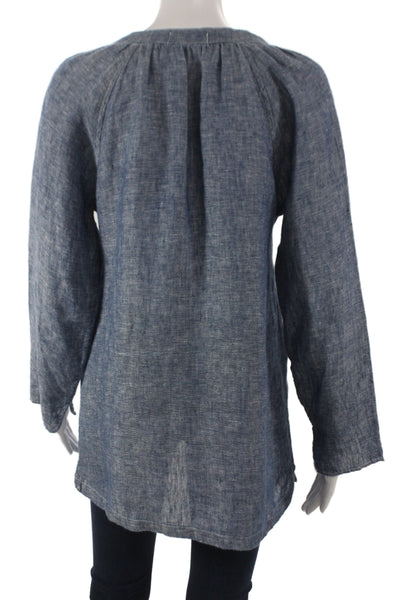 CP Shades Women Tunic Blouse V-Neck Long Sleeve Linen Blue Pullover Size XS