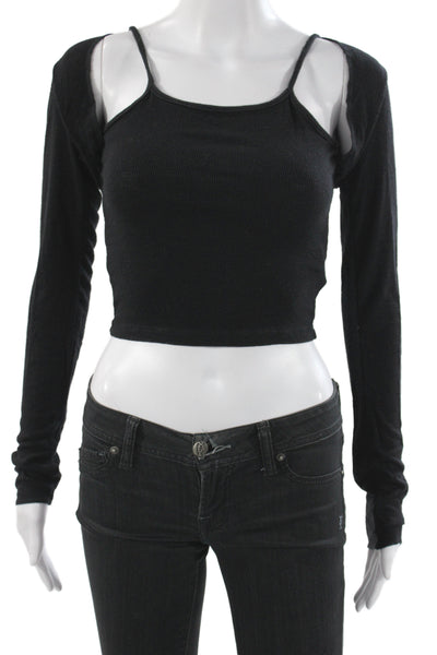 NIA Womens Cropped Scoop Neck Tank Black Rayon Long Sleeve 90s Size XS