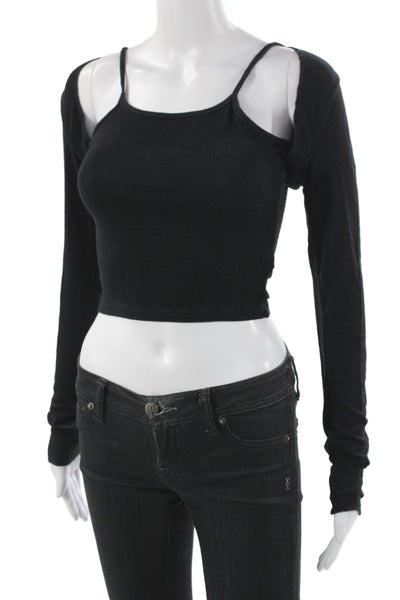 NIA Womens Cropped Scoop Neck Tank Black Rayon Long Sleeve 90s Size XS