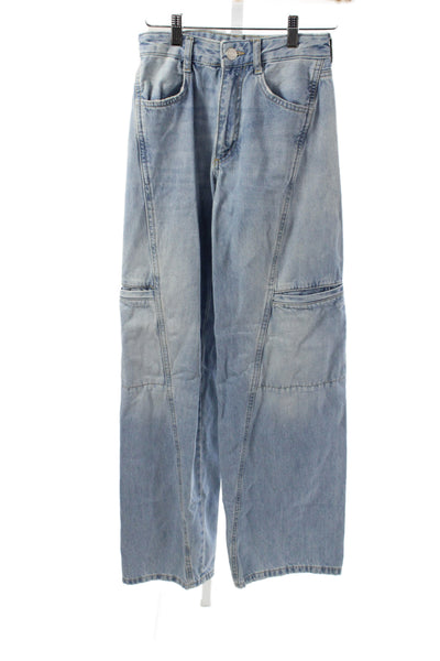 Zara Women High Rise Wide Leg Jeans Blue 100% Cotton Button Size 0