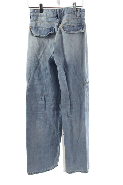 Zara Women High Rise Wide Leg Jeans Blue 100% Cotton Button Size 0