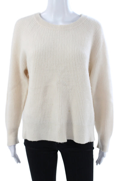 J Crew Women Ivory 100% Cashmere Pullover Sweater Long Sleeve Crew Neck Size L