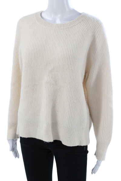 J Crew Women Ivory 100% Cashmere Pullover Sweater Long Sleeve Crew Neck Size L