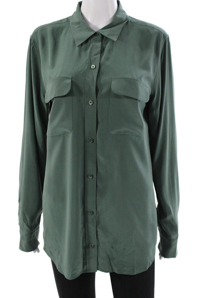 Equipment Femme Womens Green Silk Collared Button-Up Blouse Long Sleeve Size L