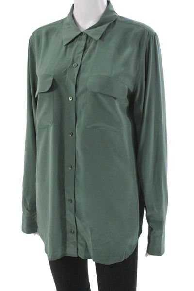 Equipment Femme Womens Green Silk Collared Button-Up Blouse Long Sleeve Size L