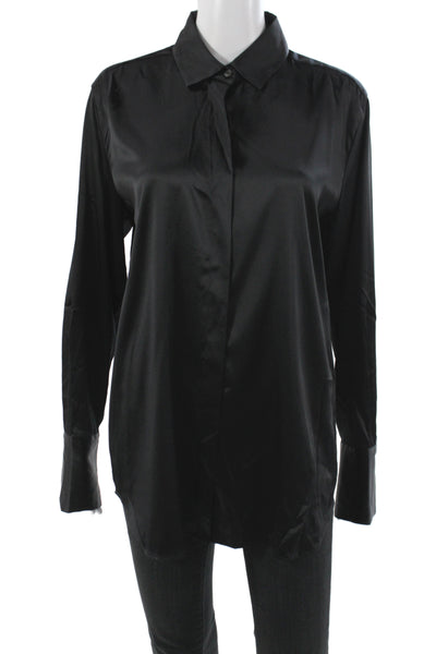 0039 Italy Women Silk Collared Button-Up Long Sleeve Top Black Size L