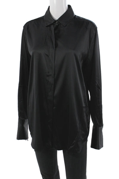 0039 Italy Women Silk Collared Button-Up Long Sleeve Top Black Size L