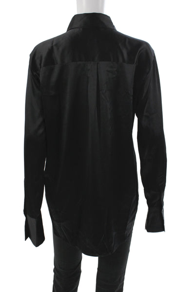 0039 Italy Women Silk Collared Button-Up Long Sleeve Top Black Size L