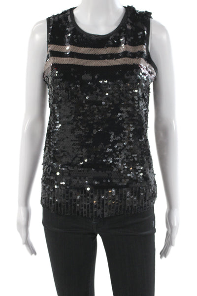 Luisa Cerano Women Camisole Black Striped Round Neck Zip Party Size 4