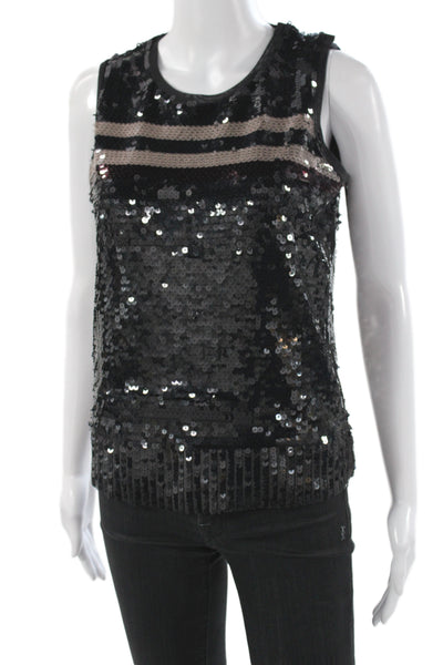 Luisa Cerano Women Camisole Black Striped Round Neck Zip Party Size 4