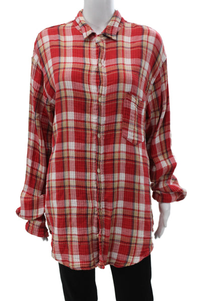 CP Shades Womens Red Cotton Collared Button Up Tunic Long Sleeve Size L