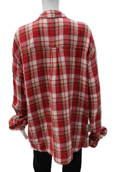 CP Shades Womens Red Cotton Collared Button Up Tunic Long Sleeve Size L