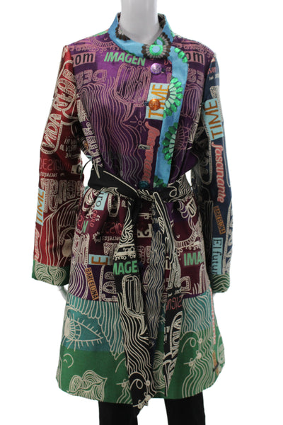 Desigual Womens Trench Coat Multicolor Geometric Button Polyester Size 46