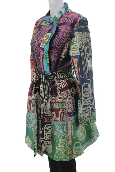 Desigual Womens Trench Coat Multicolor Geometric Button Polyester Size 46