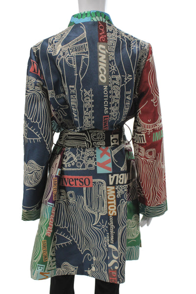 Desigual Womens Trench Coat Multicolor Geometric Button Polyester Size 46