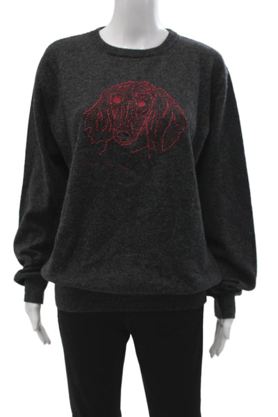 Le Lion Womens Merino Wool Gray Crew Neck Pullover Long Sleeve Dog Size M