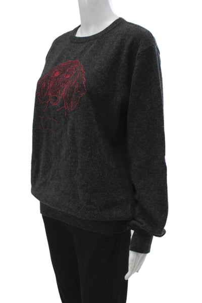 Le Lion Womens Merino Wool Gray Crew Neck Pullover Long Sleeve Dog Size M