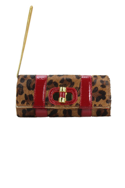Tarah Smith Womens Pony Hair Leopard Print Clutch Handbag Brown