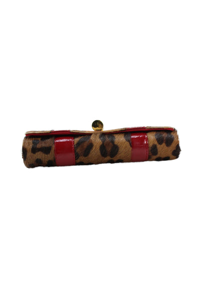 Tarah Smith Womens Pony Hair Leopard Print Clutch Handbag Brown