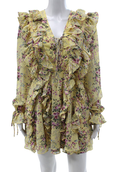 Endless Rose Womens Yellow Floral V Neck Long Sleeve Mini Dress Size XS