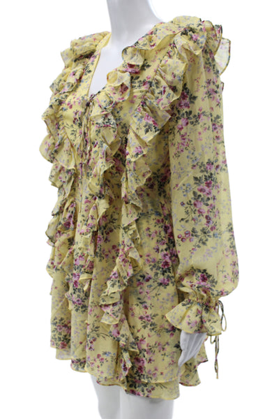 Endless Rose Womens Yellow Floral V Neck Long Sleeve Mini Dress Size XS
