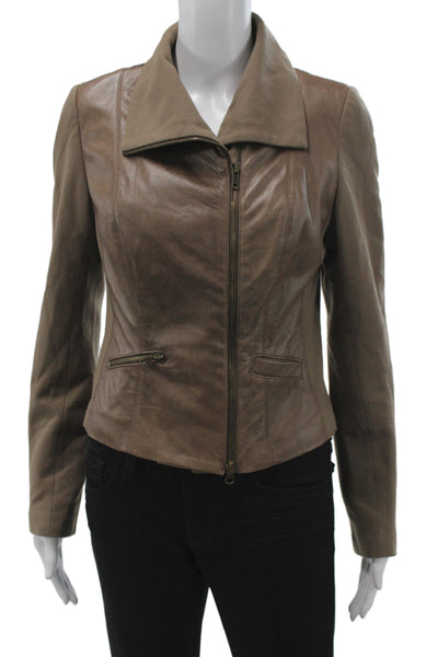 Emil Rutenberg Collection Women Biker Leather Jacket Brown Zip Size 4
