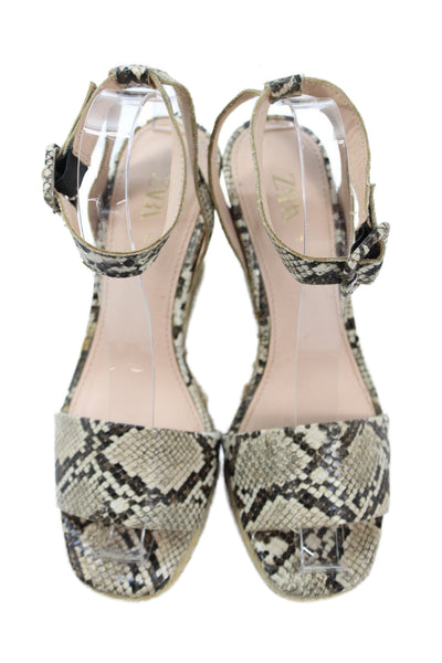 Zara Womens Leather Snake Skin Ankle Strip Wedge Heels Beige Size 7