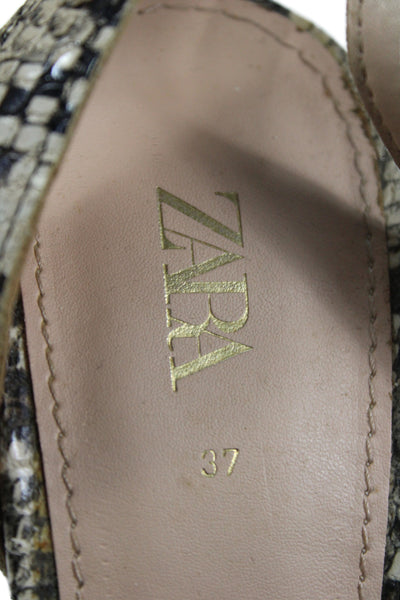 Zara Womens Leather Snake Skin Ankle Strip Wedge Heels Beige Size 7