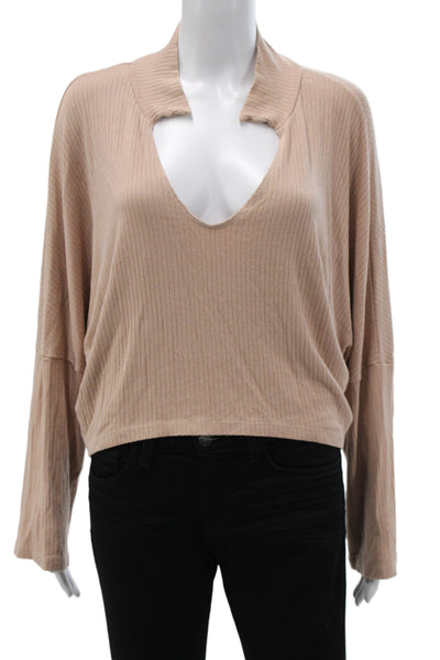 LNA Women Cropped V-Neck Long Sleeve Beige Viscose Blouse Size S