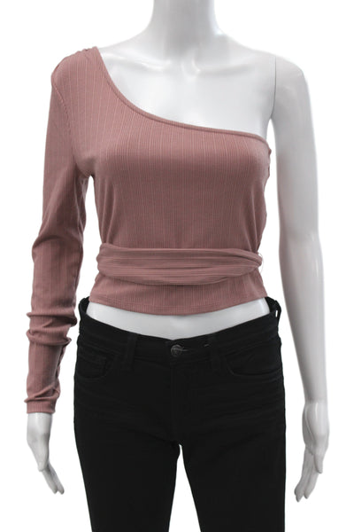 Lovers + Friends Womens Cropped One Shoulder Ribbed Blouse Long Sleeve Size M