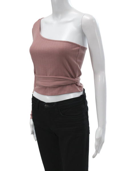 Lovers + Friends Womens Cropped One Shoulder Ribbed Blouse Long Sleeve Size M