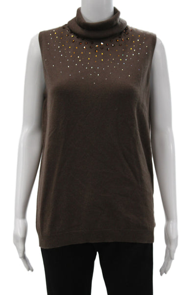 Johnstons Cashmere Women Brown Pullover 100% Cashmere Turtleneck Beaded Size L
