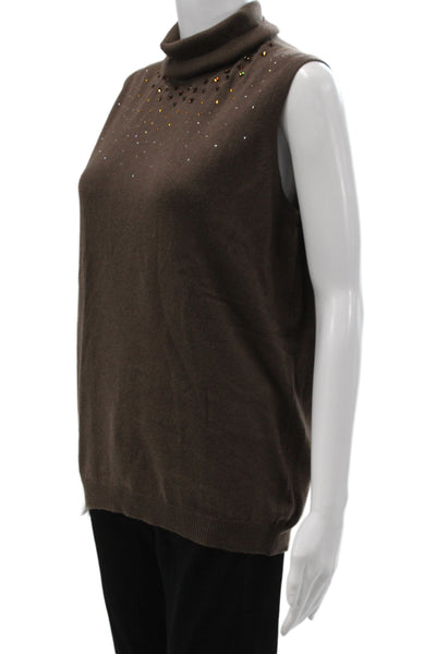 Johnstons Cashmere Women Brown Pullover 100% Cashmere Turtleneck Beaded Size L